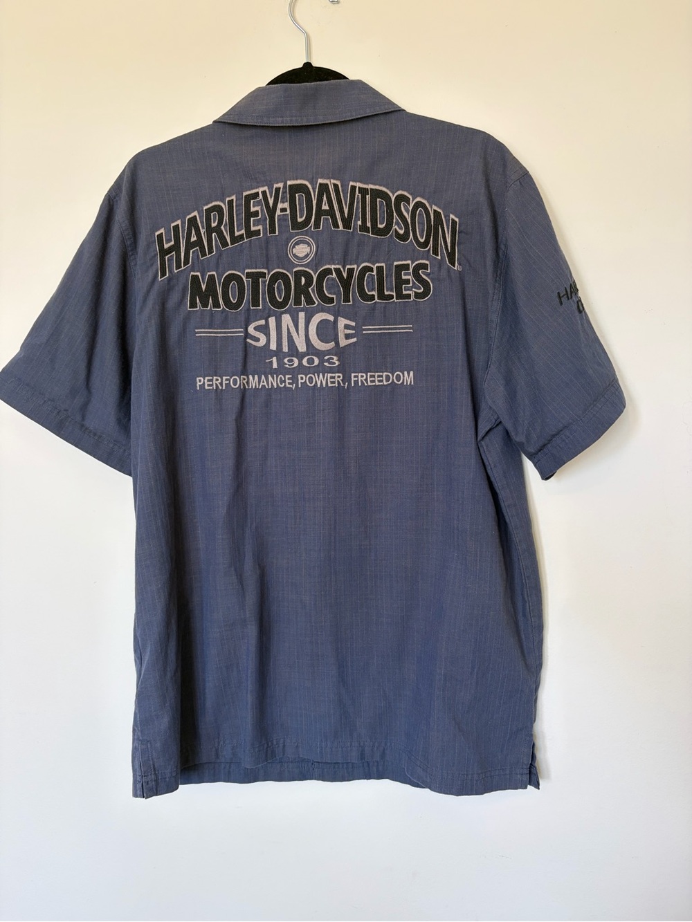 Harley-Davidson Mens Blue Short Sleeve Button Up Motorcycles Back Graphic M